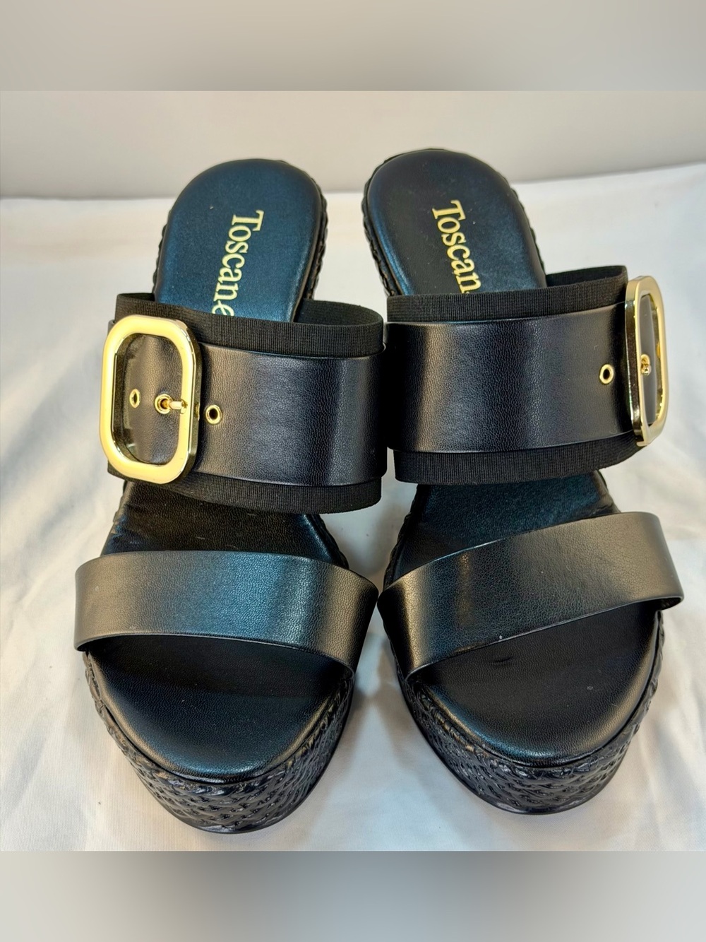 Toscanella Black Double Strap Platform Wedge Sandals